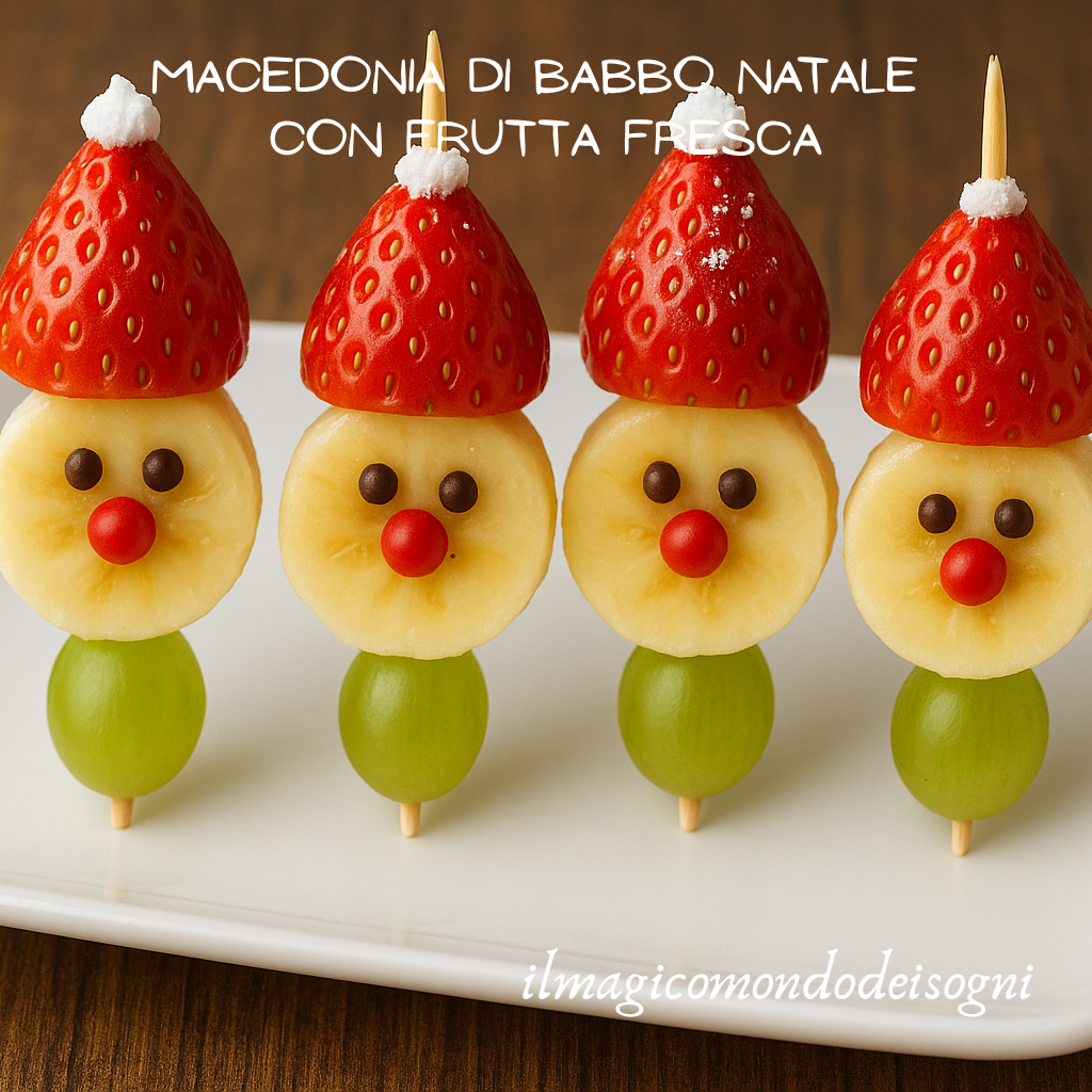 Spiedini di frutta a forma di Babbo Natale con uva, banana, fragole e confettini rossi, idea di Natale sana e divertente per i bambini