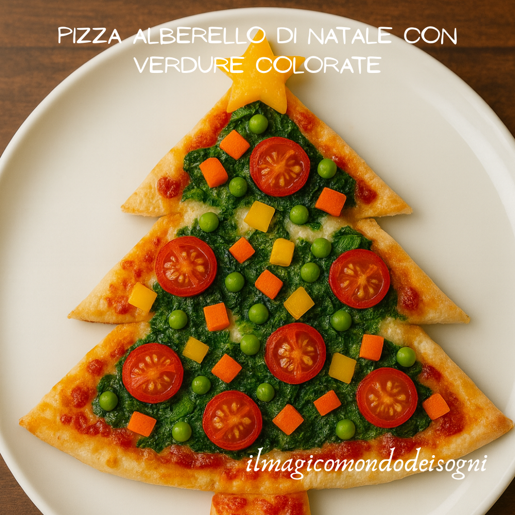 Pizza a forma di albero di Natale decorata con spinaci, pomodorini, piselli e dadini di verdure colorate su un piatto bianco