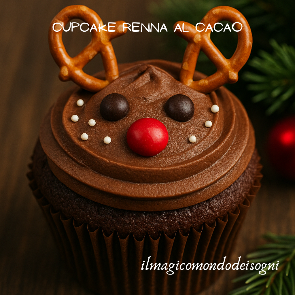 Cupcake al cioccolato decorato a renna con corna di pretzel, occhi di cioccolato e naso rosso su tavolo in legno