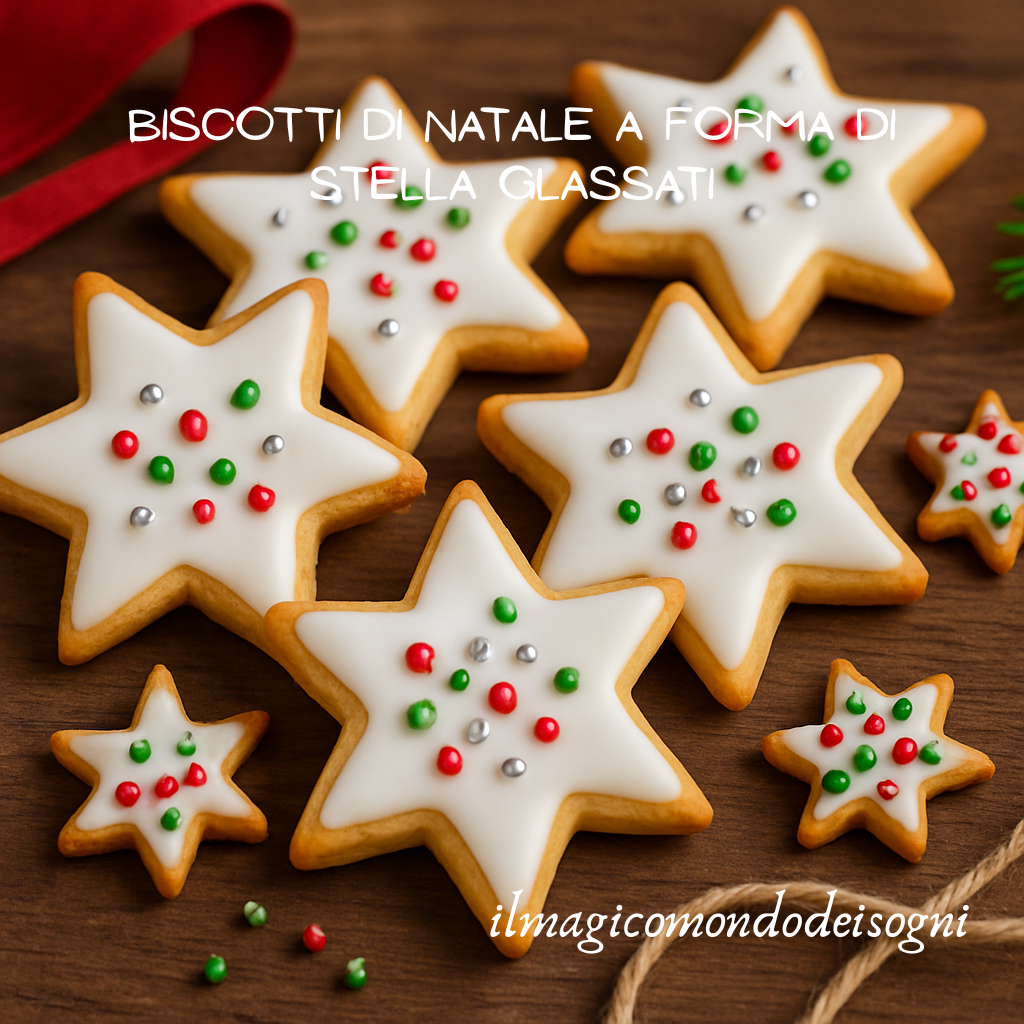 Biscotti di Natale a forma di stella con glassa bianca e zuccherini rossi, verdi e argentati su tavolo in legno