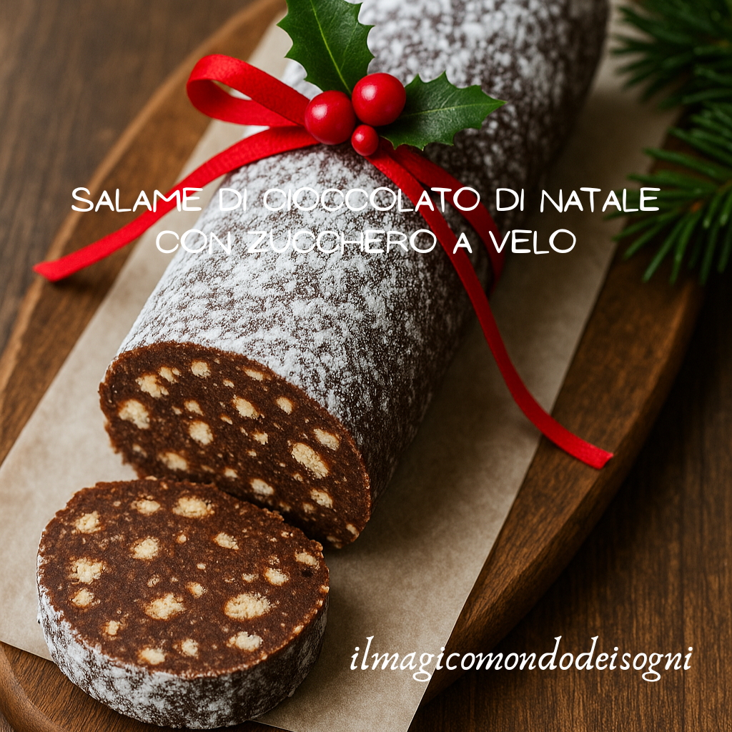 Salame di cioccolato ricoperto di zucchero a velo, legato con spago e decorato con rametti di pino e bacche rosse su tavolo di legno