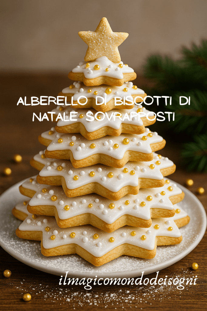 Albero di Natale fatto con biscotti a stella sovrapposti, decorati con glassa bianca e zuccherini dorati su piatto bianco