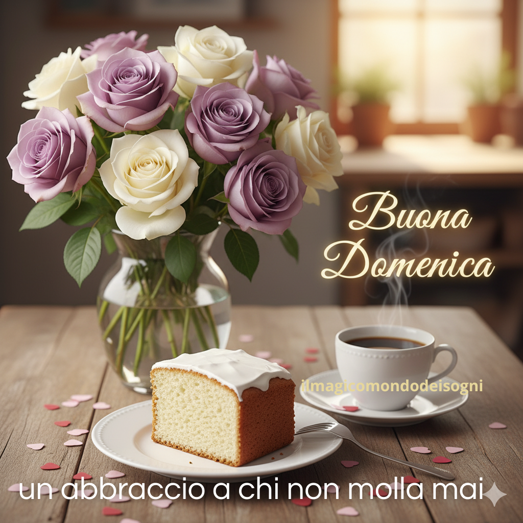 Tavolo da colazione con una fetta di torta, tazza di caffè, e un vaso di rose lilla e bianche. Cuoricini sul tavolo e scritta laterale "Buona Domenica".