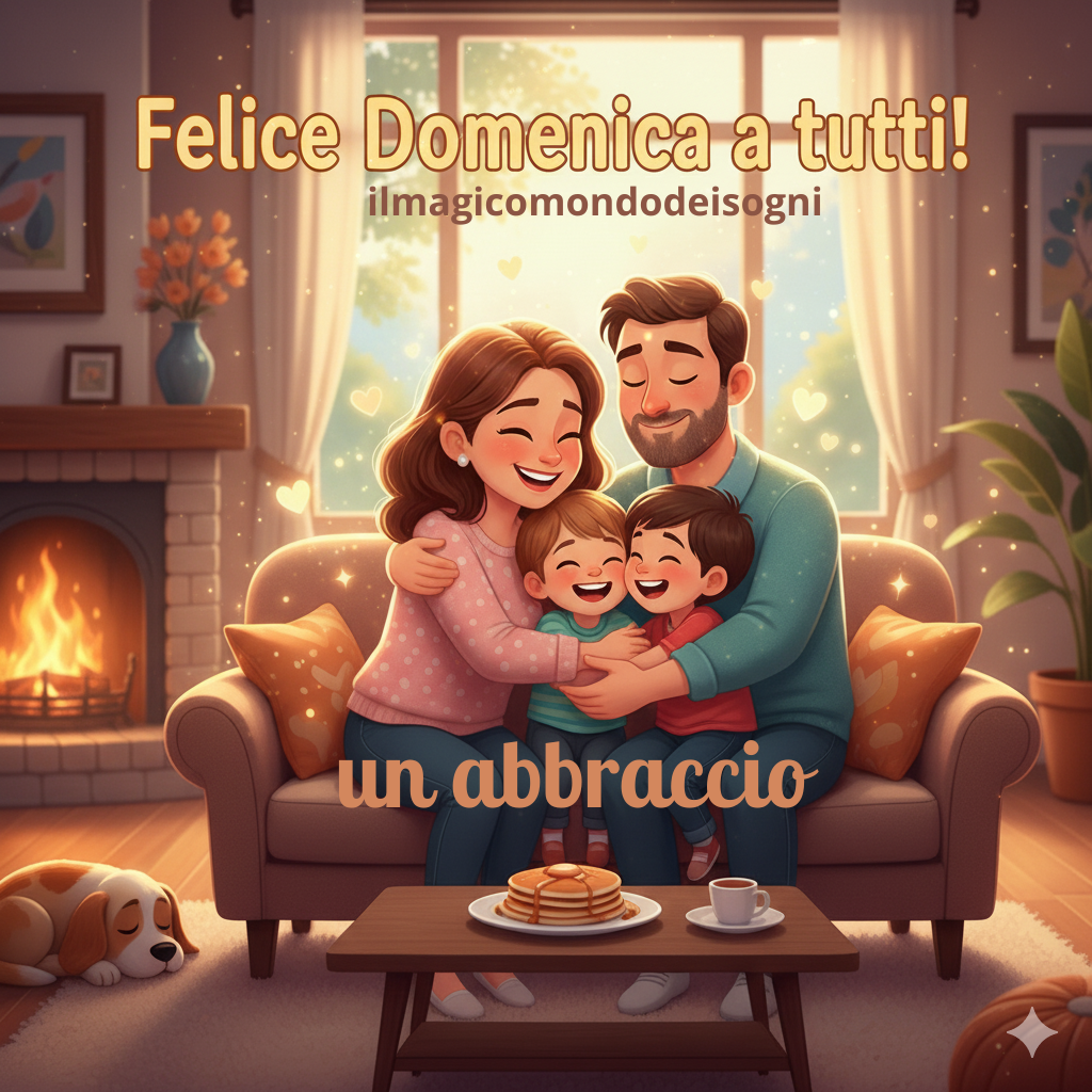 Una famiglia in stile cartone animato si abbraccia con affetto in un ambiente tenero e fiabesco, con la scritta "Felice Domenica a tutti".