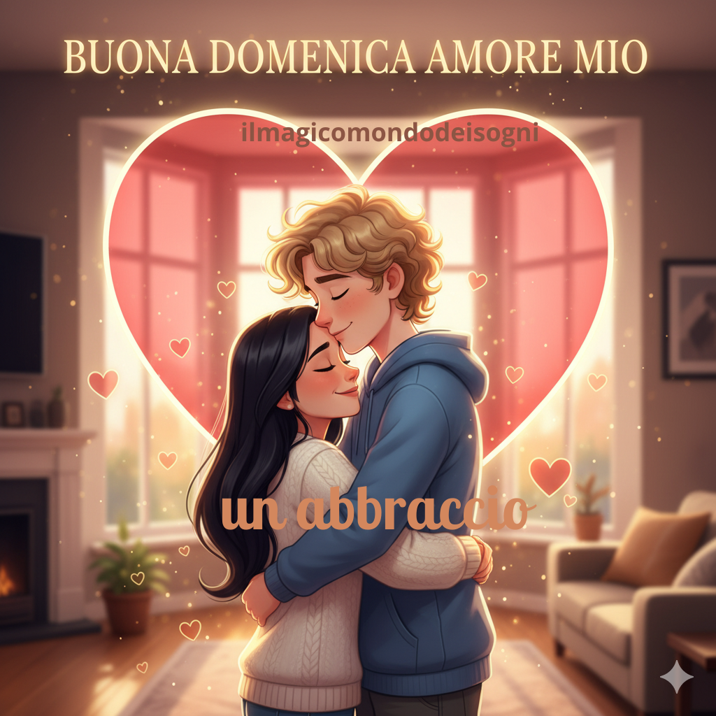 Abbraccio dolce tra una madre (capelli neri e lisci) e un figlio adolescente (capelli biondi e ricci), con un grande cuore rosso sullo sfondo e la scritta "BUONA DOMENICA AMORE MIO".