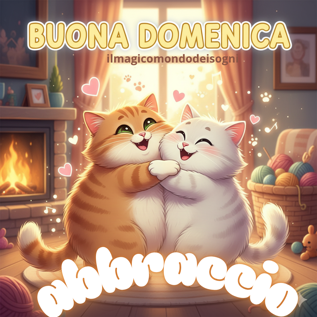 Due gatti 'patatosi' in stile cartone animato si abbracciano in modo divertente e affettuoso, con la scritta "BUONA DOMENICA".