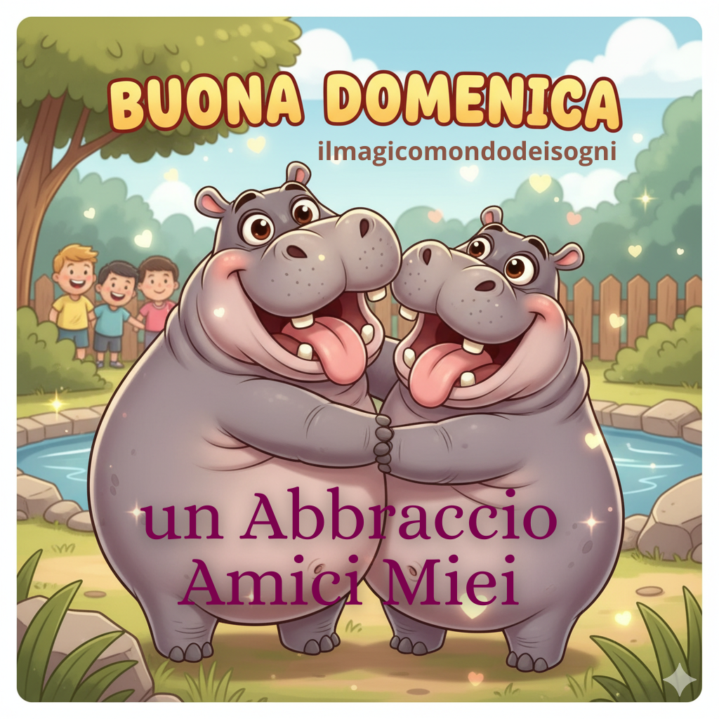 Due ippopotami buffi e sorridenti si abbracciano allo zoo, con la linguaccia e grandi occhi, con la scritta "BUONA DOMENICA".