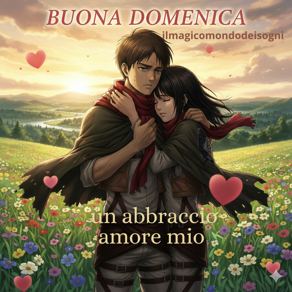 Eren e Mikasa di Attack on Titan si abbracciano teneramente in uno sfondo romantico e sereno (senza armi), con la scritta "BUONA DOMENICA".
