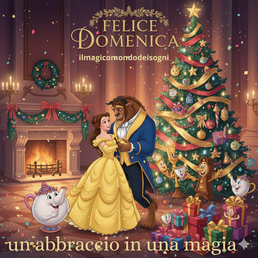 Decorazioni animate (ispirate a La Bella e la Bestia) in stile natalizio che si abbracciano e festeggiano l'albero di Natale, con la scritta "FELICE DOMENICA".