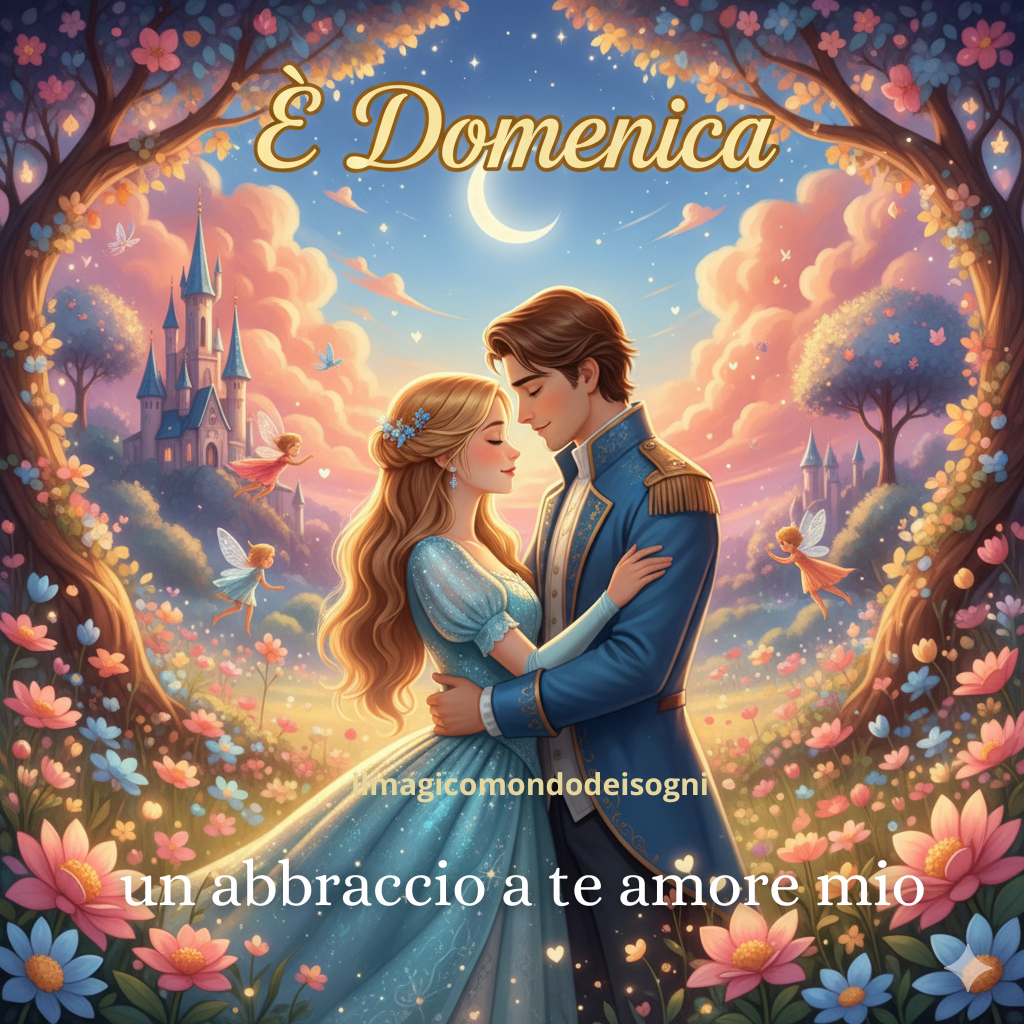 Abbraccio tra personaggi in un ambiente fiabesco e incantato (es. castello o foresta magica) con la scritta "È Domenica".