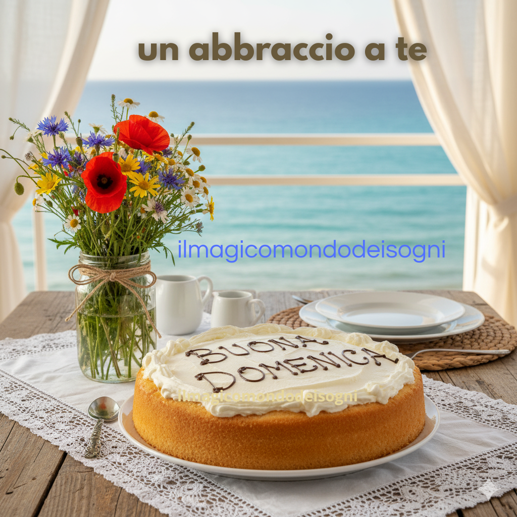 Tavolo apparecchiato per la colazione con un dolce decorato con la scritta "Buona Domenica" e un vaso di fiori di campo, con vista sul mare sullo sfondo.