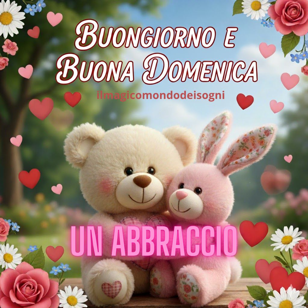 Un orsetto di peluche beige e un coniglietto rosa si abbracciano teneramente su uno sfondo primaverile di cuori e fiori. Sulla parte superiore è scritto "BUONGIORNO E BUONA DOMENICA".