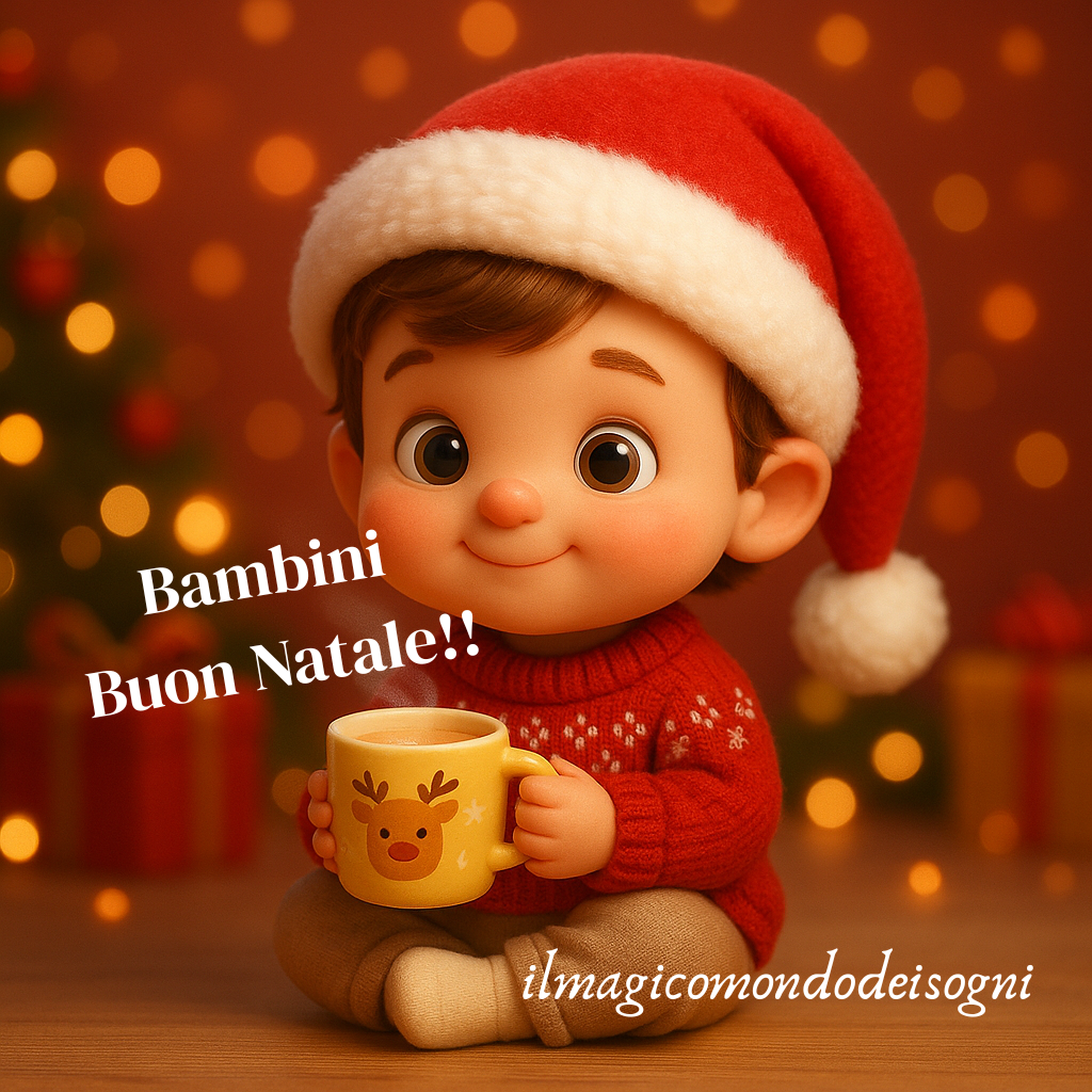 Bambino in stile 3D con cappellino di Natale rosso che stringe una tazza fumante davanti all’albero illuminato
