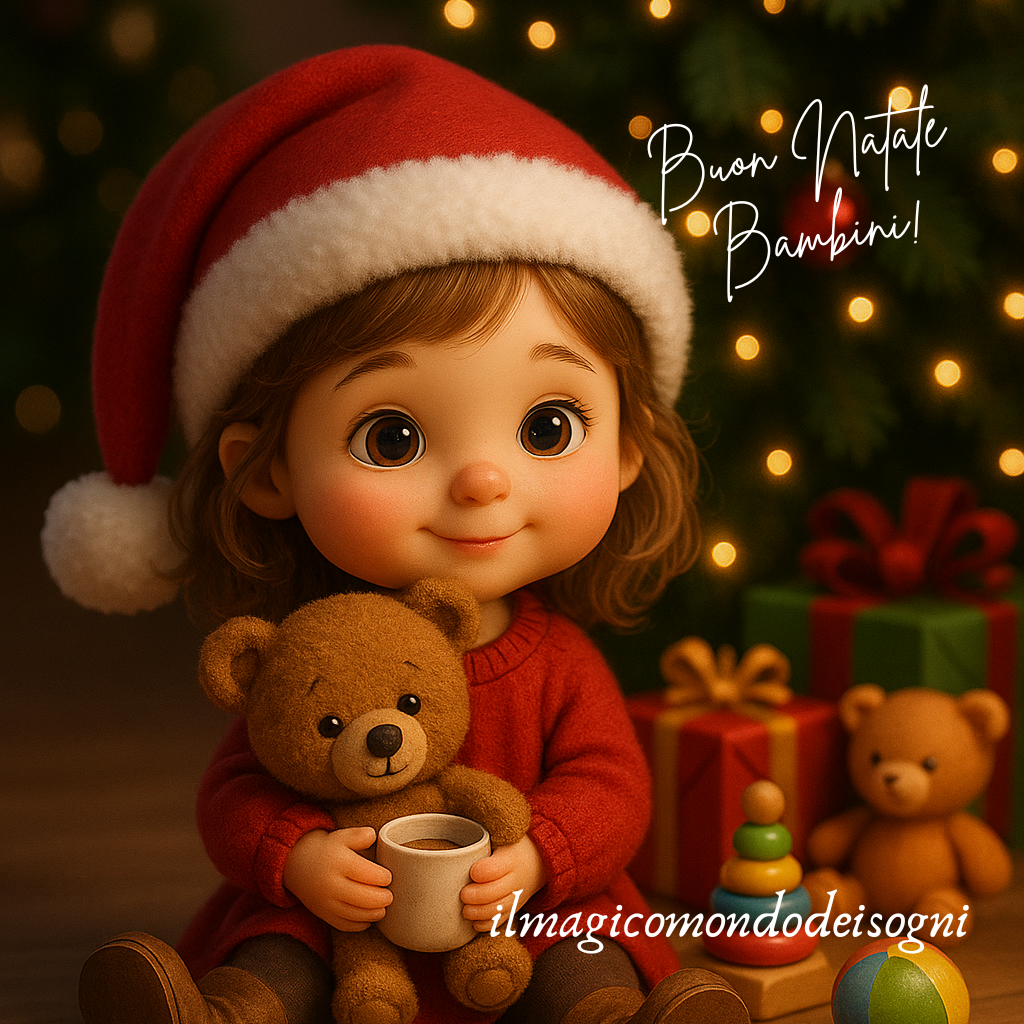 Bambina in stile 3D seduta davanti all’albero di Natale con un orsetto in braccio e tanti giocattoli intorno