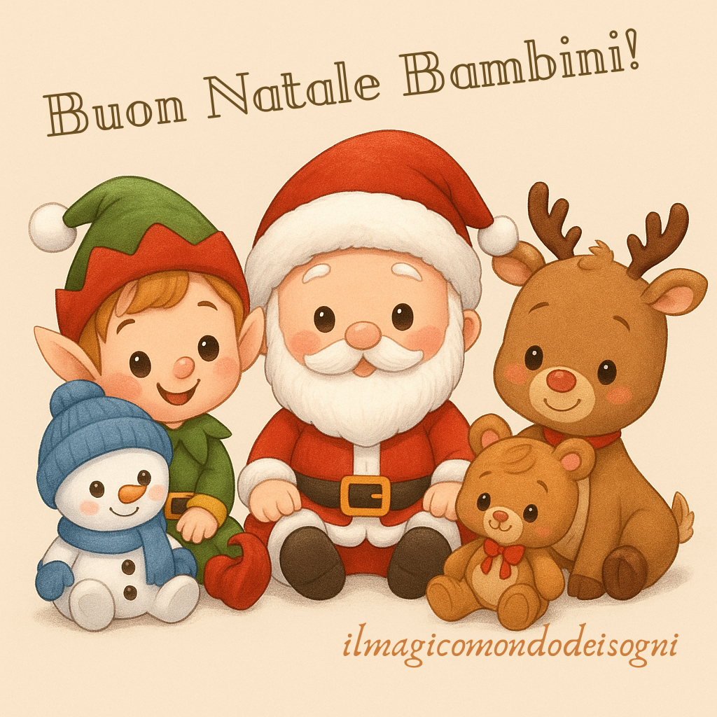 Personaggi di Natale in versione baby, con Babbo Natale, renna, pupazzo di neve e elfo disegnati in stile cartoon