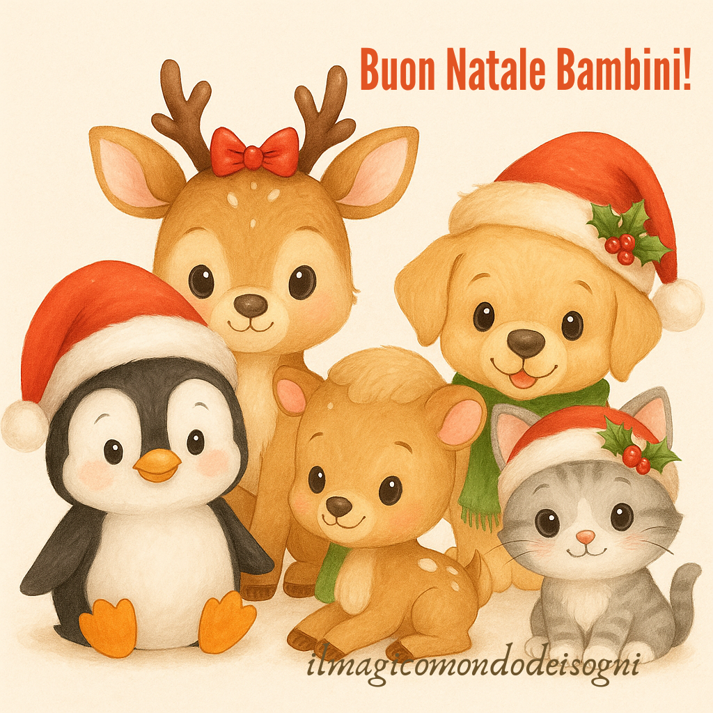 Cuccioli di pinguino, cerbiatto, cagnolino e gattino in stile cartoon con cappellini di Natale
