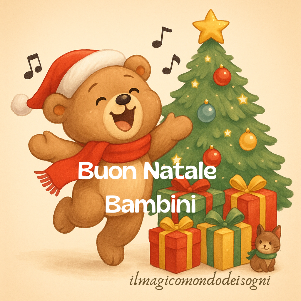 Orsetto di Natale che salta felice a occhi chiusi e canta vicino a un albero pieno di regali