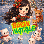 Immagine “Buon Natale” con bimba in stile illustrato, renna e coniglietti in un paesaggio innevato
