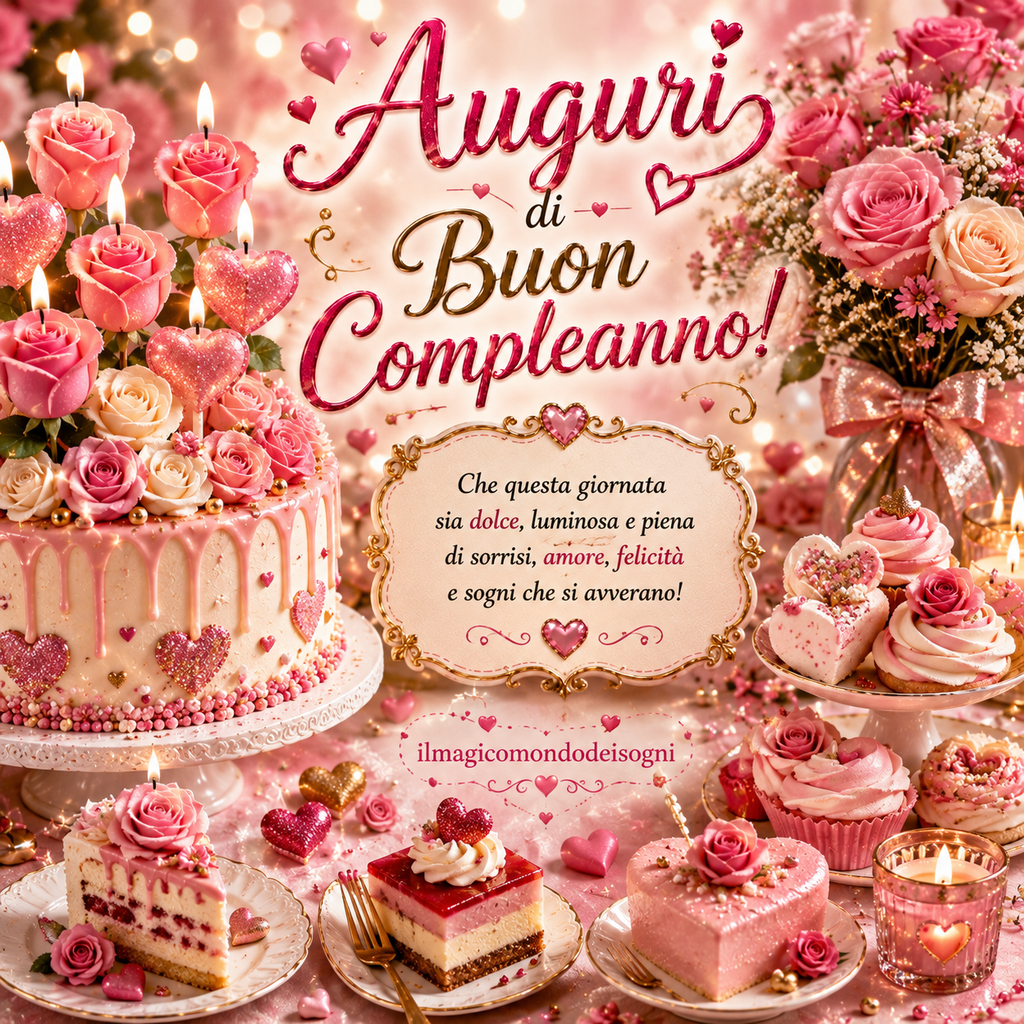 auguri di buon compleanno con torta e rose
